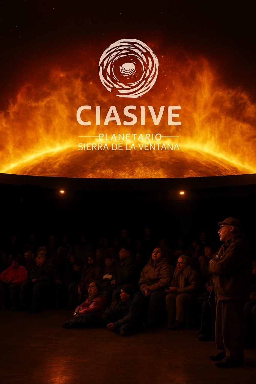 Público dentro de la sala de cine 5D del Planetario CIASIVE, con una proyección del Sol en la cúpula